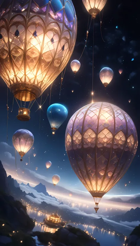 a hot air balloon floating in the night sky, digital art, surreal, hyperrealistic, cinematic lighting, glowing lanterns, dramatic atmospheric lighting, moody night sky, shimmering stars, ethereal, mystical, atmospheric, fantasy, seamless, elegant, whimsical, dreamlike, Crystal clear aesthetic brilliance, (best quality,4k,8k,highres,masterpiece:1.2),ultra-detailed,(realistic,photorealistic,photo-realistic:1.37)