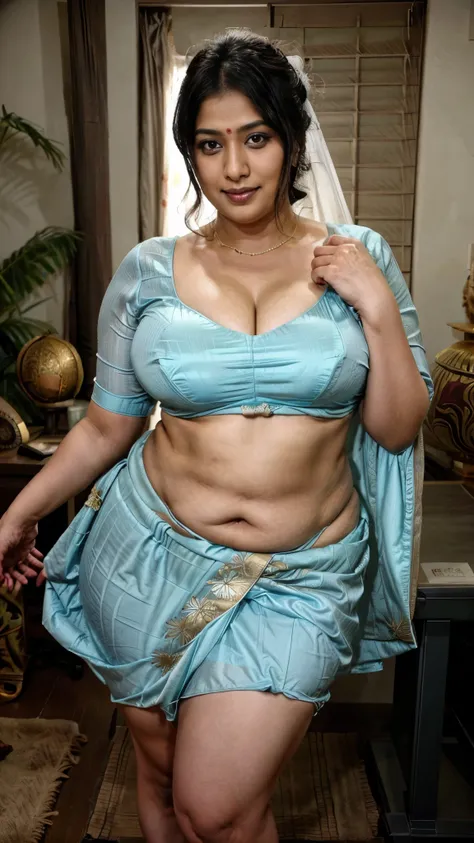 (RAW, best quality,4k,8k,highres,masterpiece:1.2) Indian woman wearing saree (blouse, petticoat), 39 years old, (chubby cheeks:0.9), (curvy body:1.1), Indian milf, Indian bhabi, (bindi), married Indian woman, sindoor and mangalsutra, An Indian beauty, char...