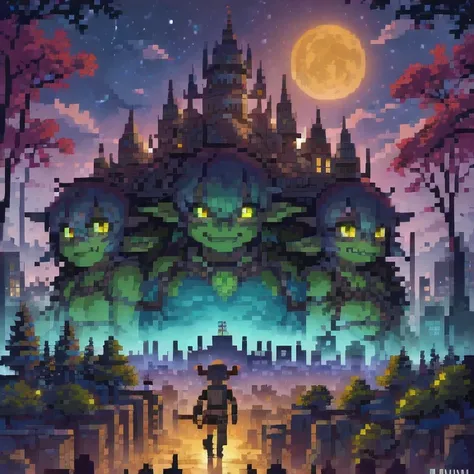 (( Goblins City : 1.5)), (masterpiece), ( is the best quality: 1.0), ( Ultra High Resolution : 1.0), Detailed illustrations,  Detailed Scenery ,  vibrant  colors goblins walking through the city, 8K, night, Moon Clouds , ((magic,  beautiful , Trees: 1.4 ))...