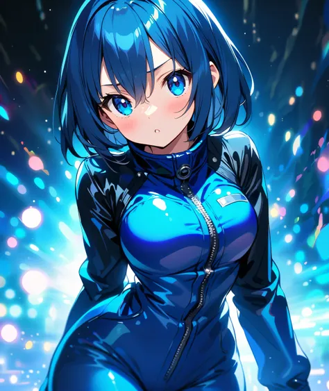 Anime girl in a shiny blue enamel boiler suit