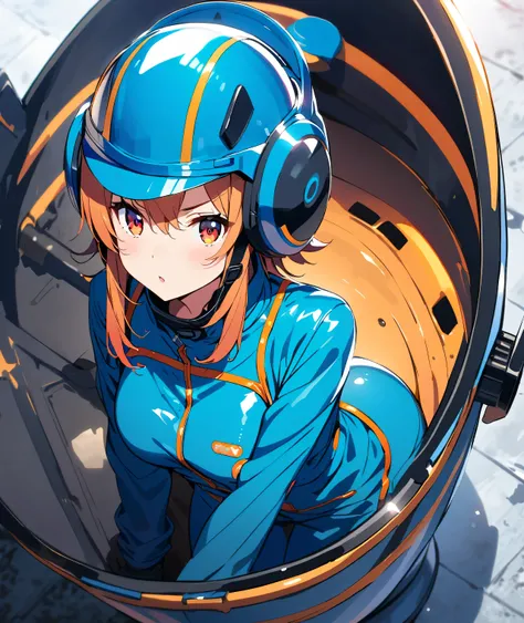 Anime girl wearing gloves in a blue enamel shiny boiler suit wearing a helmet