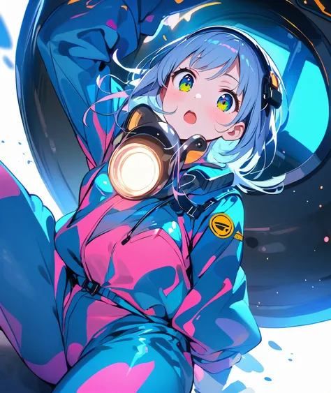 Anime girl in a shiny blue enamel boiler suit