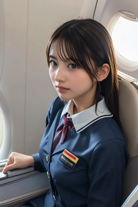 Best Quality, masterpiece, 8k, Ultra High Definition, ( photorealistic: 1.4),  1 girl, Facial beauty,  symmetrical eyes, big, Perfect figure, Stewardess uniform,  Viewers Perspective , (In-flight: 1.2), Front View, Shoulder jump, Absolute territory (1.3), 