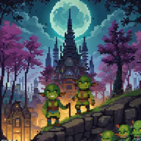 (( Goblins City : 1.5)), (masterpiece), ( is the best quality: 1.0), ( Ultra High Resolution : 1.0), Detailed illustrations,  Detailed Scenery ,  vibrant  colors goblins walking through the city, 8K, night, Moon Clouds , ((magic,  beautiful , Trees: 1.4 ))...