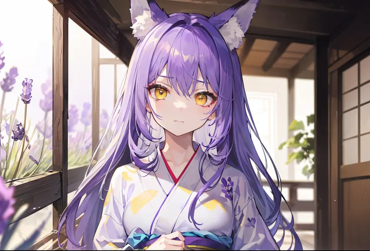 (cynical), (disdain, grimace, smug:0.8), (upper body), 1 girl, solo, (looking viewer), (golden yellow eyes, sharp eyes, (fox ears), ((lavender hair), long hair)), (gray yukata), (blurry background, cozy cabin, dim lighting, indoor))), Sharp Focus, ((Best Q...