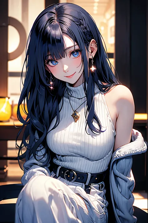  26-year-old mature woman , 1 female, shy,  pale skin,  blue like the sea sapphire hair ,  long hair in the castle, blunt bangs ,  navy blue eyes ,  big boobs, (She is wearing a pink faux fur coat, a white ribbed turtleneck sweater, and white cotton pants....