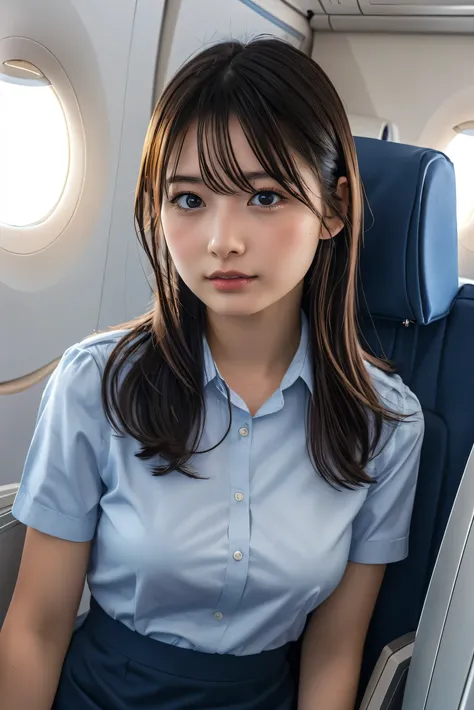 Best Quality, masterpiece, 8k, Ultra High Definition, ( photorealistic: 1.4),  1 girl, Facial beauty,  symmetrical eyes, big, Perfect figure, Stewardess uniform,  Viewers Perspective , (In-flight: 1.2), Front View, Shoulder jump, Absolute territory (1.3), 