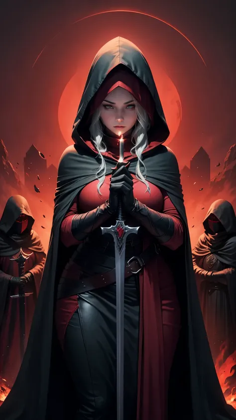 Curvy Woman Death Knight, hooded cloak,
 in dark red background, big one sword, prays pose, full body from side 