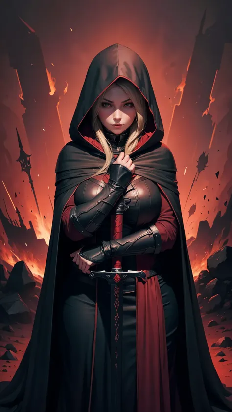 Curvy Woman Death Knight, hooded cloak,
 in dark red background, big one sword, prays pose, full body from side 