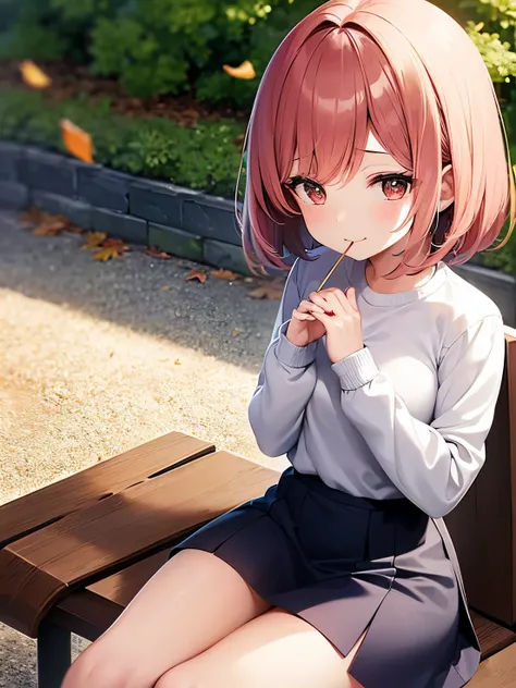 An anime-style girl is sitting on a bench in a park with falling autumn leaves, her eyes are closed as if she is kissing a Pocky in her mouth.
She has her hands crossed in front of her chest.

One girl has straight short bob Hair, pink hair and brown eyes,...