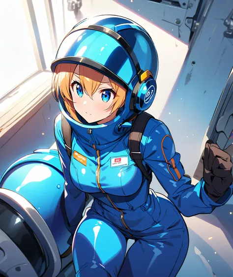 Anime girl wearing gloves in a blue enamel shiny boiler suit wearing a helmet