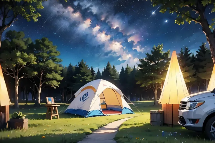 landscape, summer, Knight , forest, {{place}}Bonfire, Camp，tent, Unmanned, Nobody,  starry sky , 【HD Details,  ultra detail , membrane,  ããããa¼ ãããããããã , Soft light, Deep focus bokeh,  ray tracing,  ããããa¼ ãããããããã . , アートステーション pixiv Gwise, Makoto Shinka...