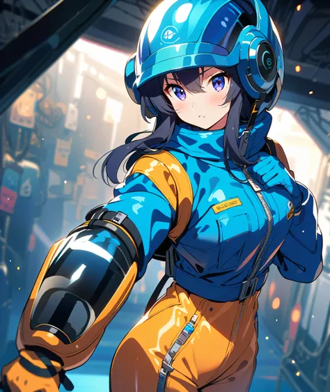 Anime girl wearing gloves in a blue enamel shiny boiler suit wearing a helmet