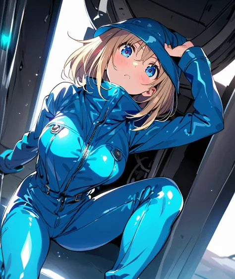 Anime girl in a shiny blue enamel boiler suit