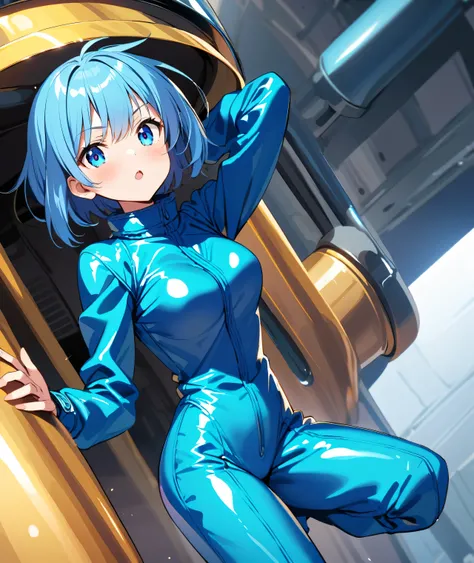 Anime girl in a shiny blue enamel boiler suit