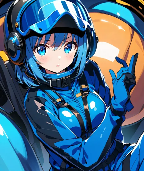 Anime girl wearing gloves in a blue enamel shiny boiler suit wearing a helmet