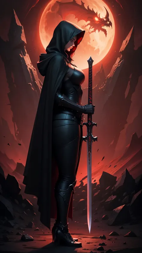 Curvy Woman Death Knight, hooded cloak,
 in dark red background, big one sword, prays pose, full body from side, skull 