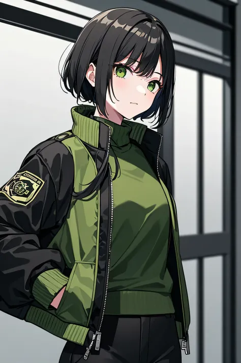 ((masterpiece, Best Quality)),   Details Faces  , black and white,, a girl in a black jacket and green  cargo pants with dowels  standing, wearing  cargo pants with dowels , a green colored  bomber jacket ,  cargo pants with dowels  , wearing dark green  b...