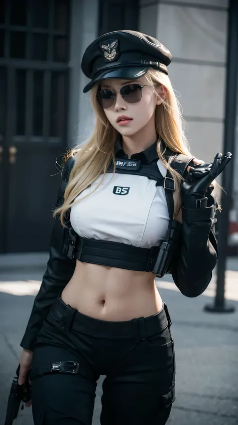 blonde hair, beautiful woman, pro lighting, photorealistic, Realistic face details, complicated details, 8k, ultra high details, dynamic camera angle, hips up, swat gear, pistol, walking, black cap, sunglasses,