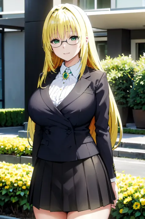 blonde hair, very huge  tits ((black bussines suite, glasses, skirt, white nectie)), thick, busty, green eyes,  ponytaik hair, u...