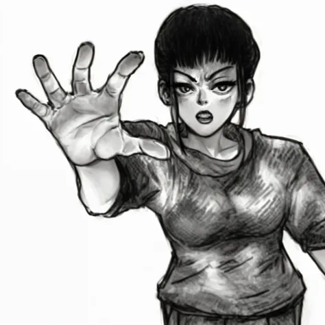 a drawing of a woman with her hands up in the air, heavy gesture style closeup, junji ito style, inspired by Junji Ito, in style of junji ito, art style of junji ito, subtle junji ito, scary angry pose, baki, junji ito artwork, screentone shading, in manga...