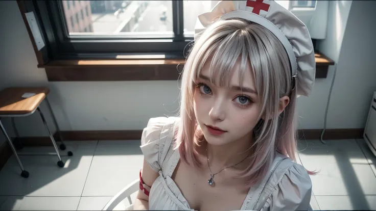 nurse, wearing white gothic lolita-like nurse uniform, wearing white nurse cap, gothic lolita fashion, in the hospital room, sun...