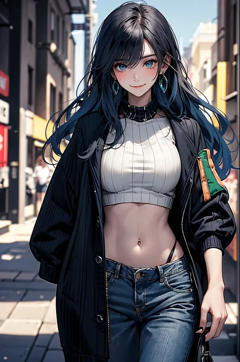 ( 26-year-old mature woman ), (((1 woman,Alone))), ( pale peach skin), (ocean-blue sapphire-colored hair), ( long hair in the castle), ( blunt light bangs ), ( navy blue eyes ), ( big boobs), (((She is wearing a green sweatshirt with a black puffer jacket ...