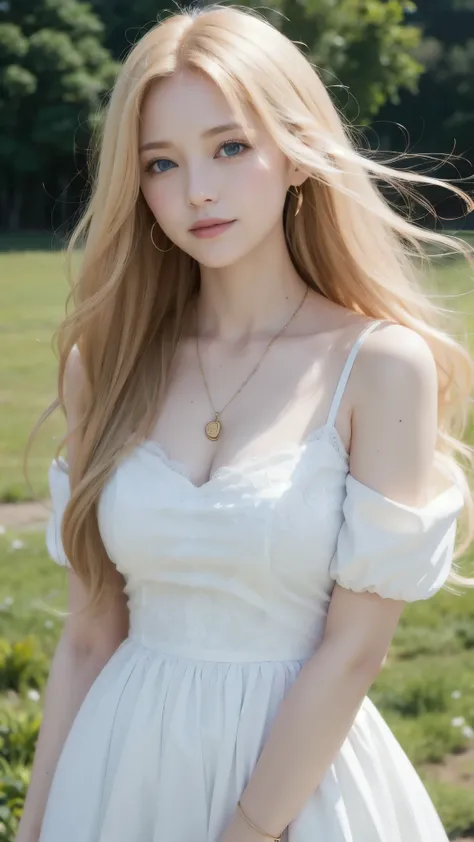  long, soft blond hair fluttering in the wind and 、 A young woman with big, expressive blue eyes 、 beautiful and elaborate live action image 。Her expression is、 as if experiencing bittersweet memories 、 smiling lightly 、 tilting her neck lightly 、She is dr...