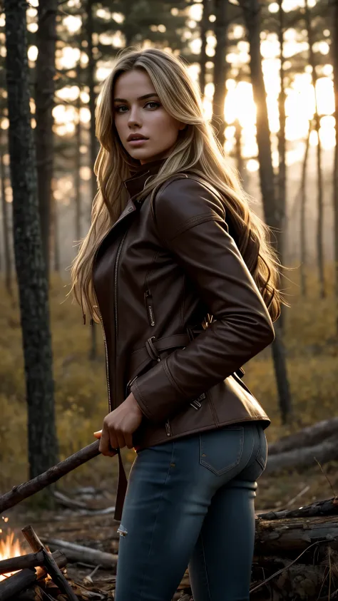 An ultra hot gorgeous European woman, age 23. She’s a playmate and men magazine supermodel. Long wavy blond hair, messy wind blown hair, Full body, sitting by a campfire, wearing brown leather coat, dark blue jeans, (extremely detailed 8k wallpaper), mood ...