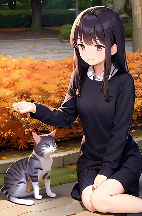 ((Petting a cat))、  Japanese、woman、18 years old、  very slender 、 autumn leaves、(sweater)、 smile、 Thin legs