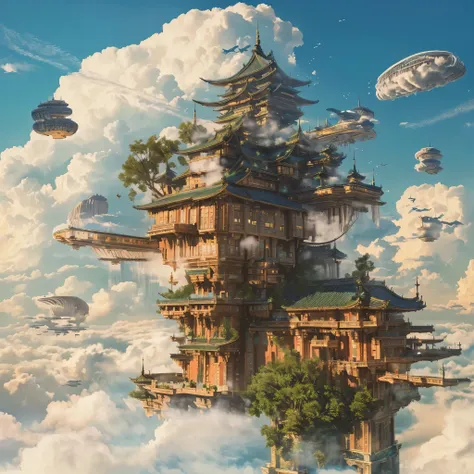 real photo, high resolution, high quality, real texture, high detail, fantasy style, Incredibly Highly Detailed {x} There is a large building floating in the sky, City above the clouds, floating Cities in the Sky , Cloud Palace, Floating palace,  Land in t...