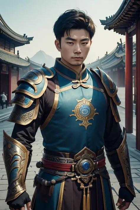 25 year old Chinese man,middle aged man,realistic,chinese_Armor,alone,Background of ancient chinese cities,detailed_eye,shoulder_Armor,(검은 eye),looking at viewer,(masterpiece:1.2), (best quality:1.2), perfect eye, perfect face, perfect lighting, (8K),(comp...