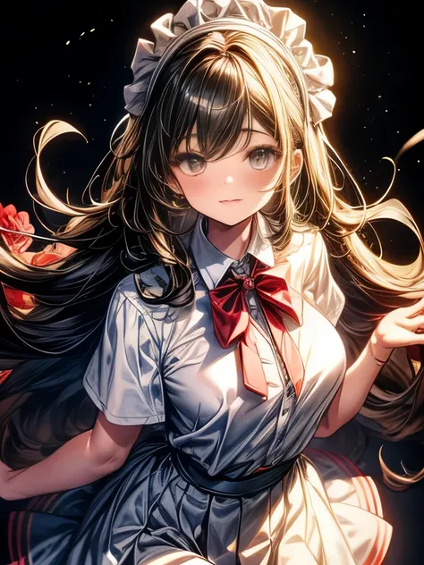  Brownish black hair  ,  dark eyes,  white skin,  beautiful face,  vibeのある顔の特徴, Tall, Confident,Powerful,  tightened and plump, high school girl,  school uniform, Curly Hair,  headband, With hairpin, Red Rose, White Rabbit, Official Quality, Mysterious, Co...