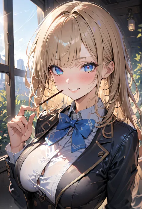 1 sexy JK gal. Blonde hair, straight hair, short bangs above brows, grin, 
break (high resolution 8K), cinematic lighting, professional lighting, detailed eyes and face, detailed body, Japanese Gal、gal make. sexy body line、
break , blazer, white shirt, blu...