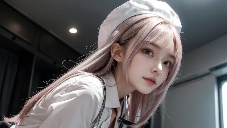 nurse, wearing white nurse uniform, wearing white nurse cap, gothic lolita-like fashion, standing next to the examination table, trying to use medical devices, looking up from below, smiliing, sadistic look, look of temptation, shiny silver and pink hair, ...
