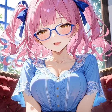 from below, looking down, (blue-frame eyewear:1.3), [half open mouth:0.5], Compassion smile, blush, Beautiful mature woman, yellow eyes, half closed eyes, (pink hair:1.3),  blunt bangs, medium short hair, wavy hair, (two side up:1.2), short sleeves blouse,...