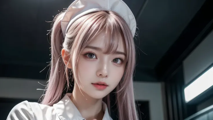 nurse, wearing white nurse uniform, wearing white nurse cap, gothic lolita-like fashion, standing next to the examination table, trying to use medical devices, looking up from below, smiliing, sadistic look, look of temptation, shiny silver and pink hair, ...