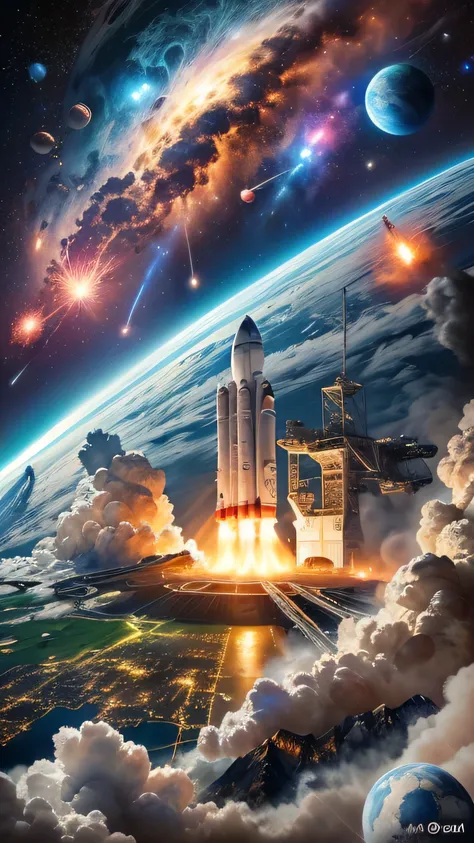 a picture taken from space with a rocket and other planets, spaceships landing, with spaceships in the sky, launching to space, an epic space ship scene, rocket launching into the sky, surreal space, spaceships in the cloudy sky, fantasy space, spaceship l...