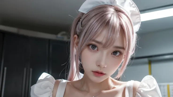 nurse, wearing white nurse uniform, wearing white nurse cap, gothic lolita-like fashion, standing next to the examination table, looking up from below, very angry look, look of temptation, shiny silver and pink hair, pompadour hairstyle, twisted bangs, hai...