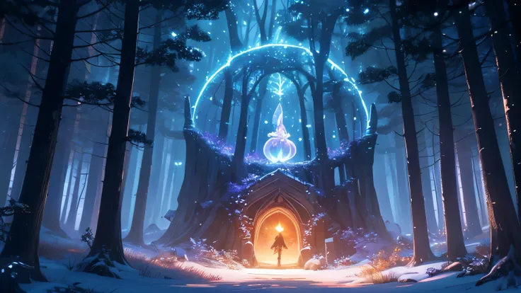 A magical forest at dawn, with a path leading to a glowing portal where is an baby fetus inside growing, symbolizing new opportunities and possibilities. A fairy-like creature stands near the portal, inviting the viewer to step through with the words "Beli...