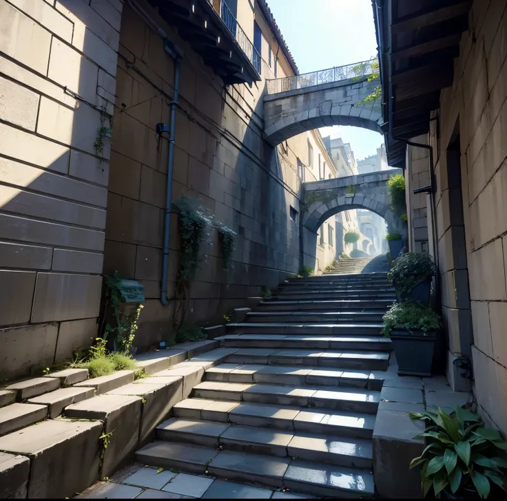 8K quality, Masterpiece,  Bright and artistic evening lighting ,  super real , High chroma,  A landscape picture of a citys winding alley with stairs,  The wall of the building is made of white stone , (A winding city alley with differences in elevation wi...