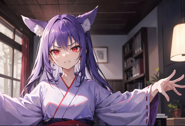 (coercive, cynical), (serious, glaring, angry, clenched teeth), (upper body), 1 girl, solo, (looking viewer), (red eyes, glowing eyes, sharp eyes, (fox ears), ((lavender hair), long hair)), (gray yukata), (blurry background, cozy cabin, dim lighting, indoo...