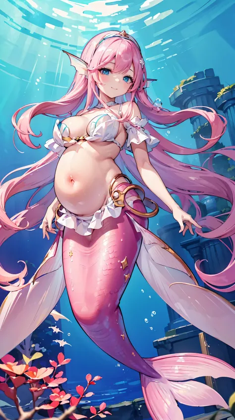 (masterpiece, best quality),(Full fingers), alone, big breasts ,Pregnant, a girl , with pink hair ,Headdress, white dress , blue eyes,Head fin,Mermaid,粉色的Mermaid尾巴,Full body photo,(Underwater:1.2),seabed,charming face(Kawaii, charming,Soft),Smile