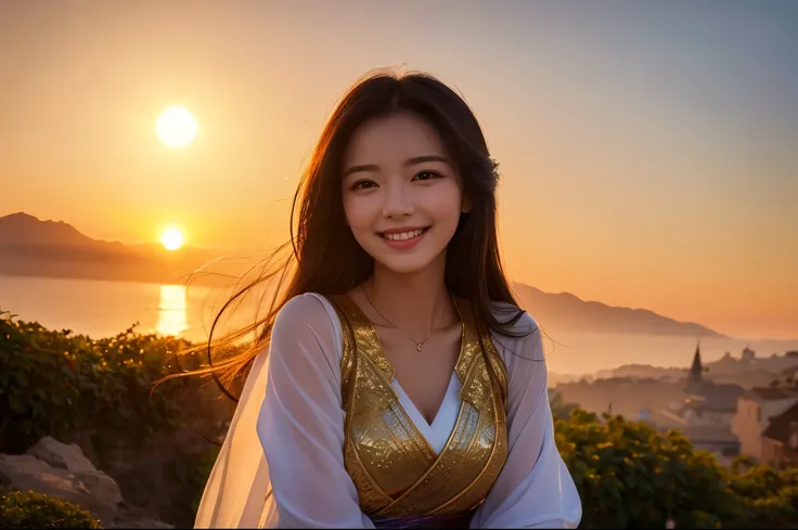 Best Quality　masterpiece　 Details　A super beautiful woman is smiling and watching the sun rise　Photo style　 imaginary　Artistic　Spectacular views　 Fantasy