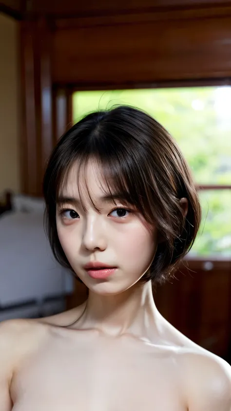 ((In the bedroom, Transistor Glamour, Petite women, Voluptuous women, sensual women, no makeup in the coal mine, 柔らかい笑face)), ((( small eyes , length, Narrow eyes, Black Hair , short bob hair))), ( full body portrait , short hair, small breasts, Im ...