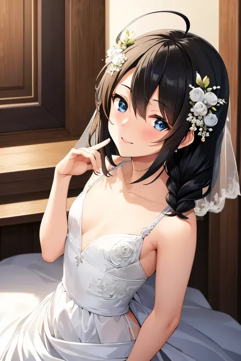 (masterpiece:1.2), highly detailed, best quality, 1girl, ShigureKancolle, (black hair), fine detailed shiny blue eyes, medium hair, small braid, (wedding dress:1.3), (white dress:1.3), blush, smile, looking at viewer, (flat hair), (ahoge),
