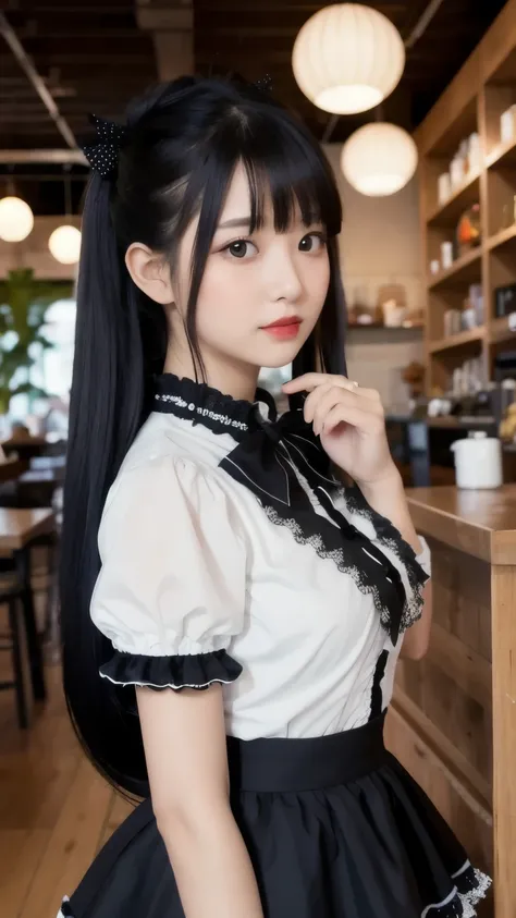 A young woman dressed in a stylish, gothic Lolita-inspired outfit poses indoors, making a heart shape with her hand near her cheek. She has a youthful appearance with large, expressive eyes, fair skin, and soft makeup, featuring subtle blush and light lips...