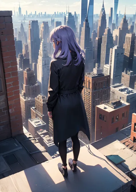 She is on a rooftop looking at a New York cityscape in a very detailed background , Looking into the distance 