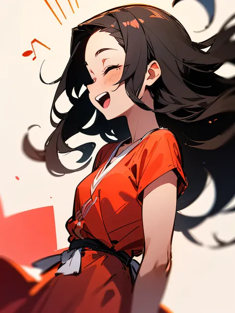 sideview,solo,upperbody,black loose thin wavy semi long hair,(forehead fully visible),cute asian,dark skin:1.2,(single thin eyelid),(closed eyes smile),(singing),open mouth singing,good singer pose,(red asian v-neck cotton dress),kind smile,(manga style),(...