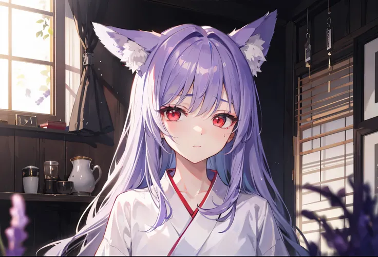 (coercive, cynical), (regretful, frustrated, gloomy, half closed eyes), (upper body), 1 girl, solo, (looking viewer), (red eyes, glowing eyes, sharp eyes, (fox ears), ((lavender hair), long hair)), (gray yukata), (blurry background, cozy cabin, dim lightin...